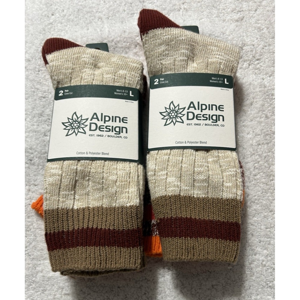 Alpine Designs Ragg Hiker Socks Lot of 2(2 Pair Each) Adult Large Maroon/BR/OR